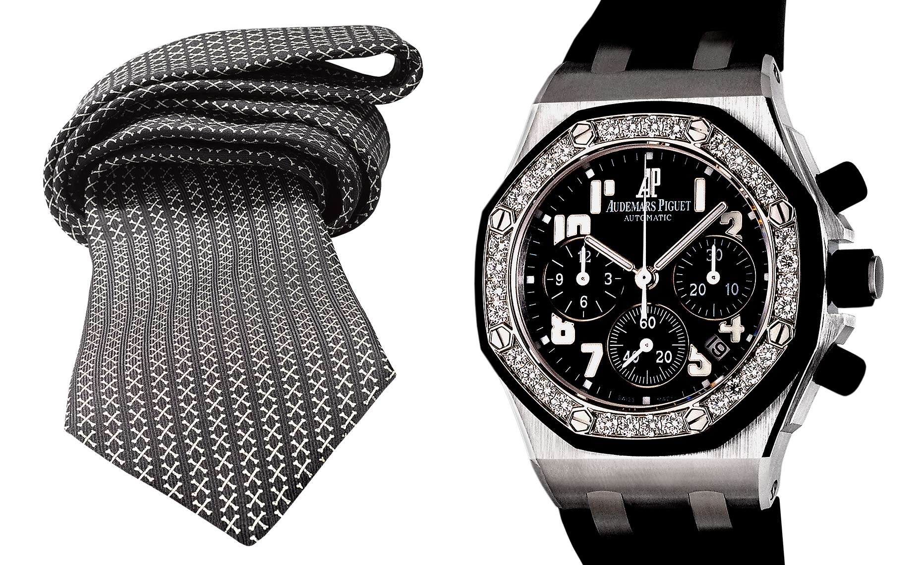 Barker Black crossbone necktie  and Audemars Piguet wristwatch