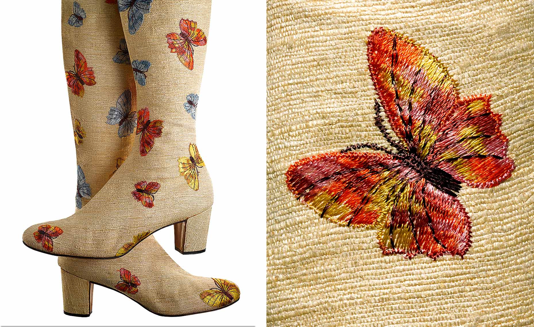 "Butterfly Boot" coarse linen embroidered boot by Beth Levine