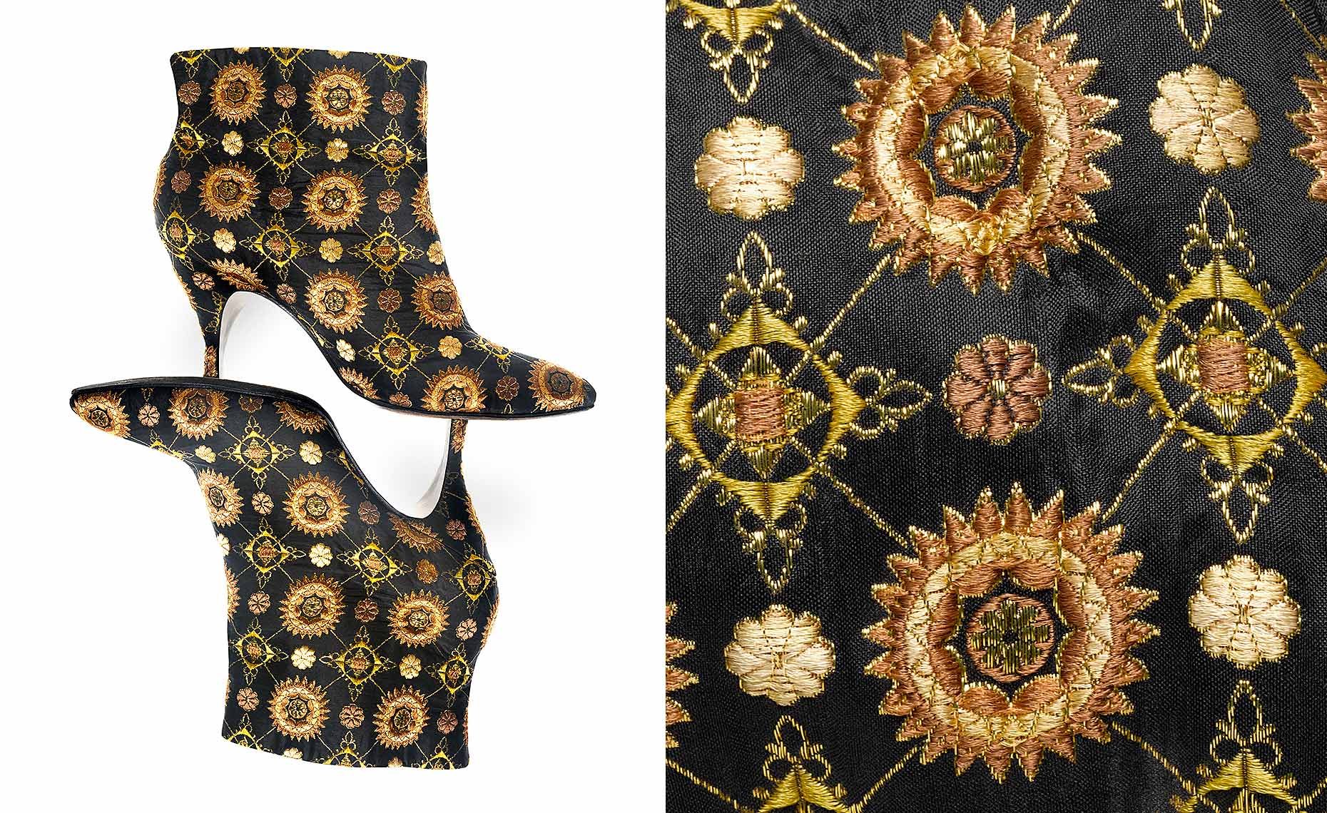 "Chi Chi Boot" black silk embroidered with gold thread by Beth Levine