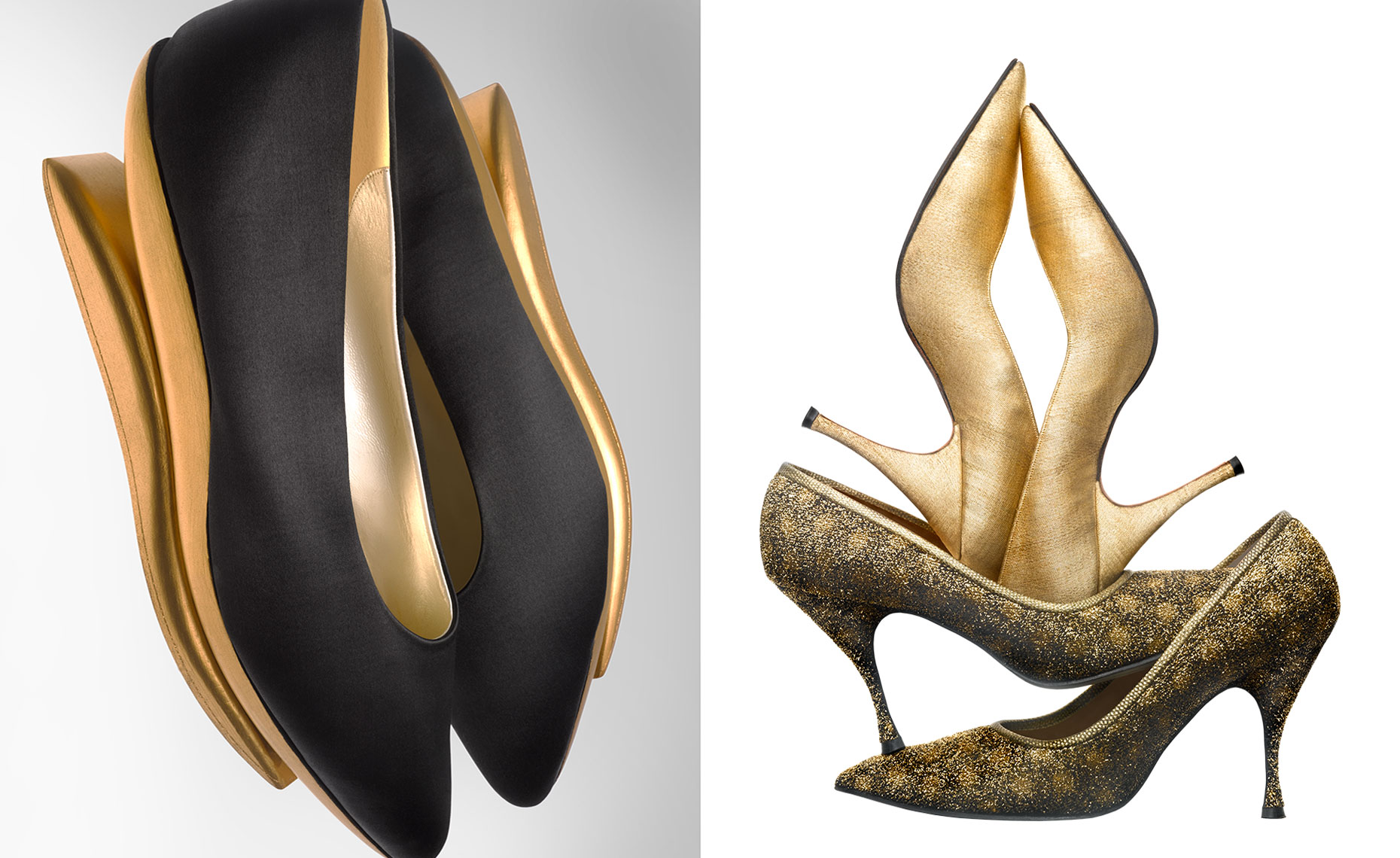 "Kabuki" inspired shoe in black silk and gold leafed wooden soles and stilettos by Beth Levine