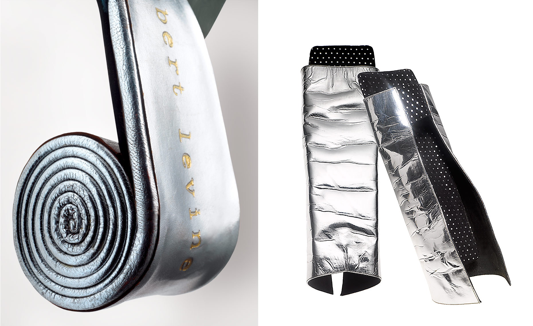 "On-A-Roll" coiled leather-heeled shoe and "Moon Shoe" in silver leather by Beth Levine