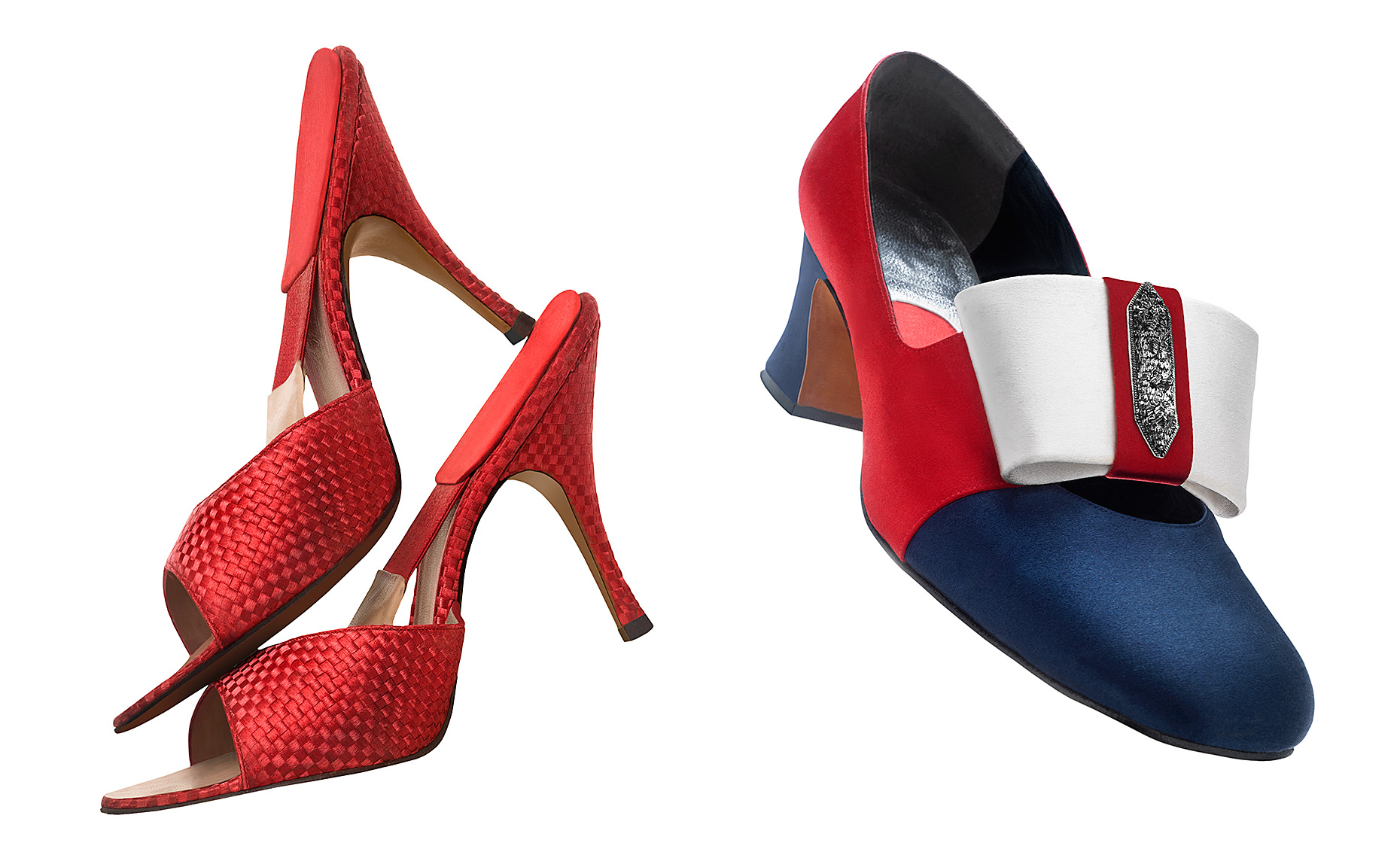 "Spring-o-laters" red satin mules and red, white and blue satin pump by Beth Levine