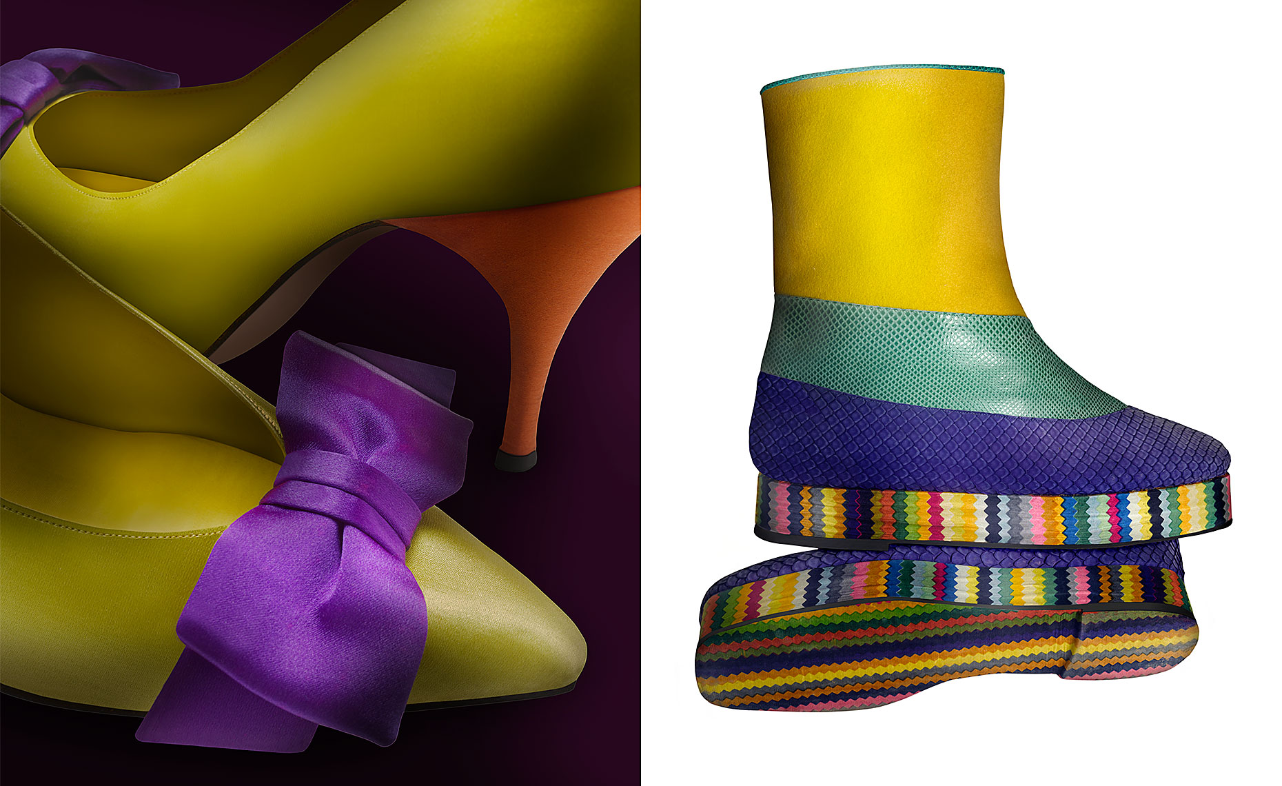 "Tuxedo" chartreuse, orange and purple pump and "Technicolor Boot" by Beth Levine