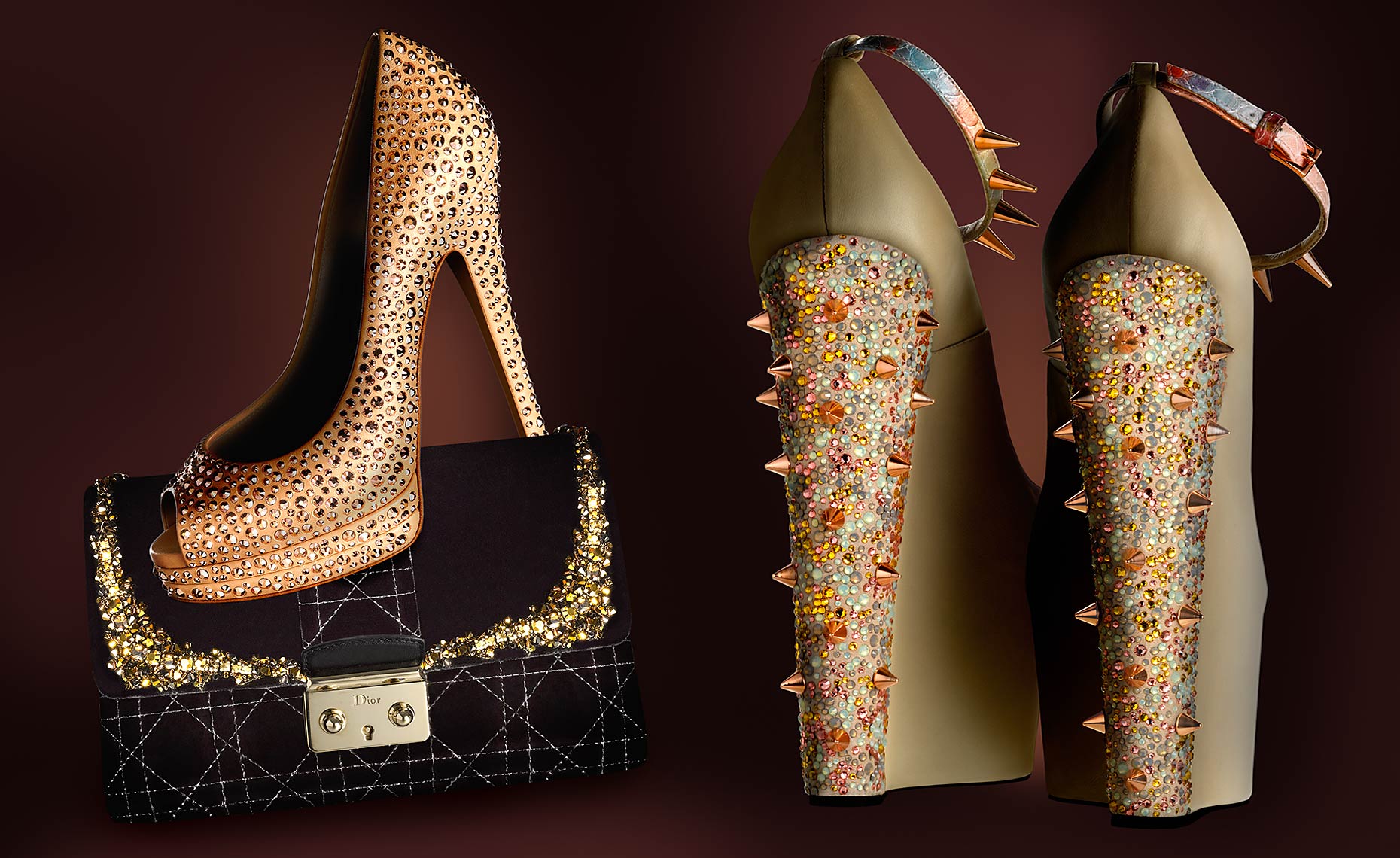 Casadei shoe with Dior handbag and Ruthie Davis platform shoe with Swarovski crystal embellished  heel