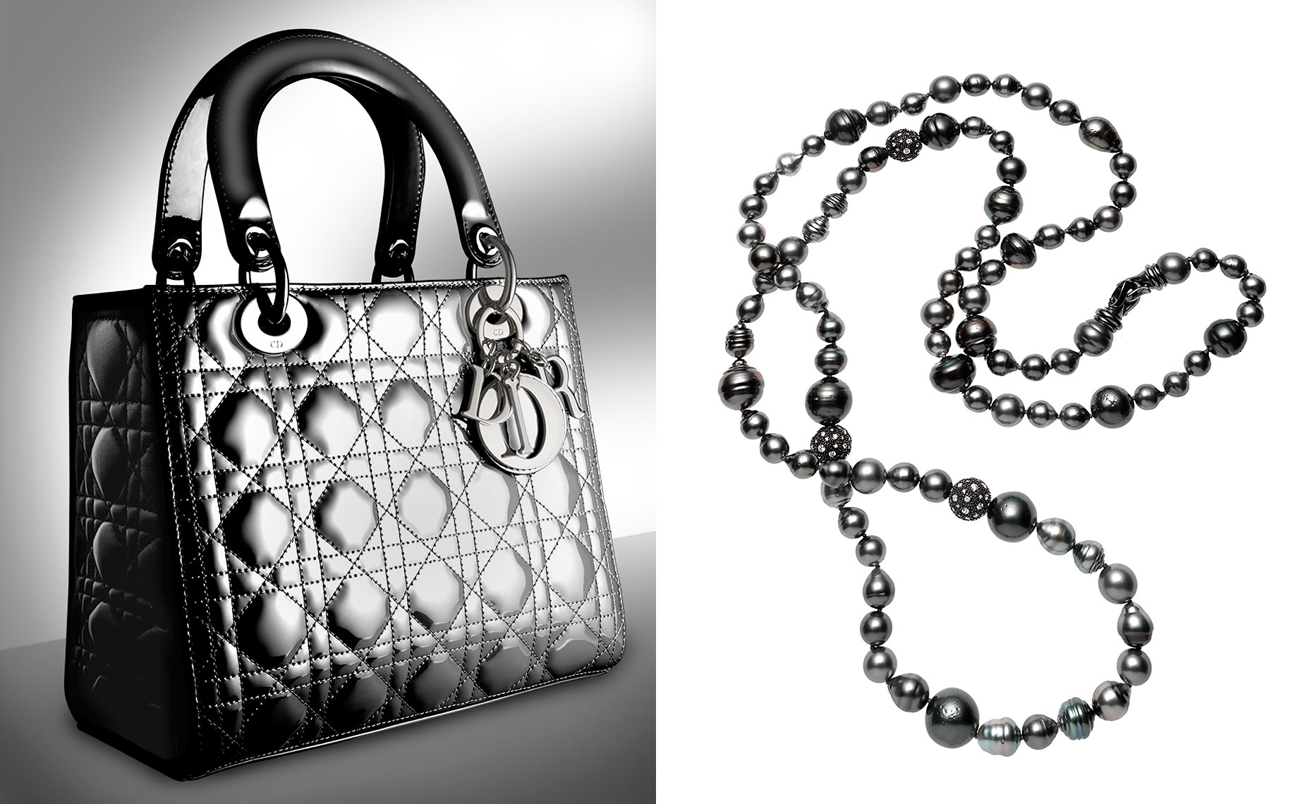 Lady Dior handbag in patent cannage and black pearls