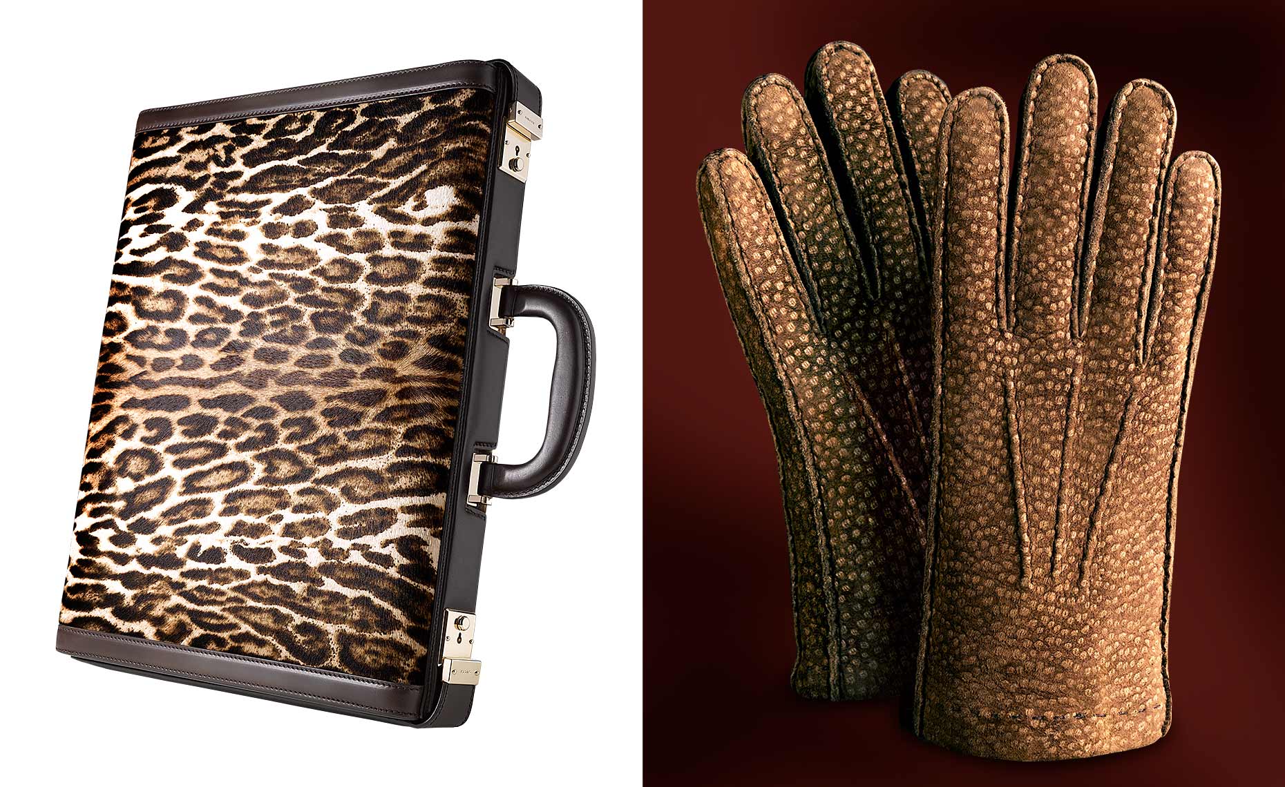Gucci leopard print briefcase and brown suede gloves