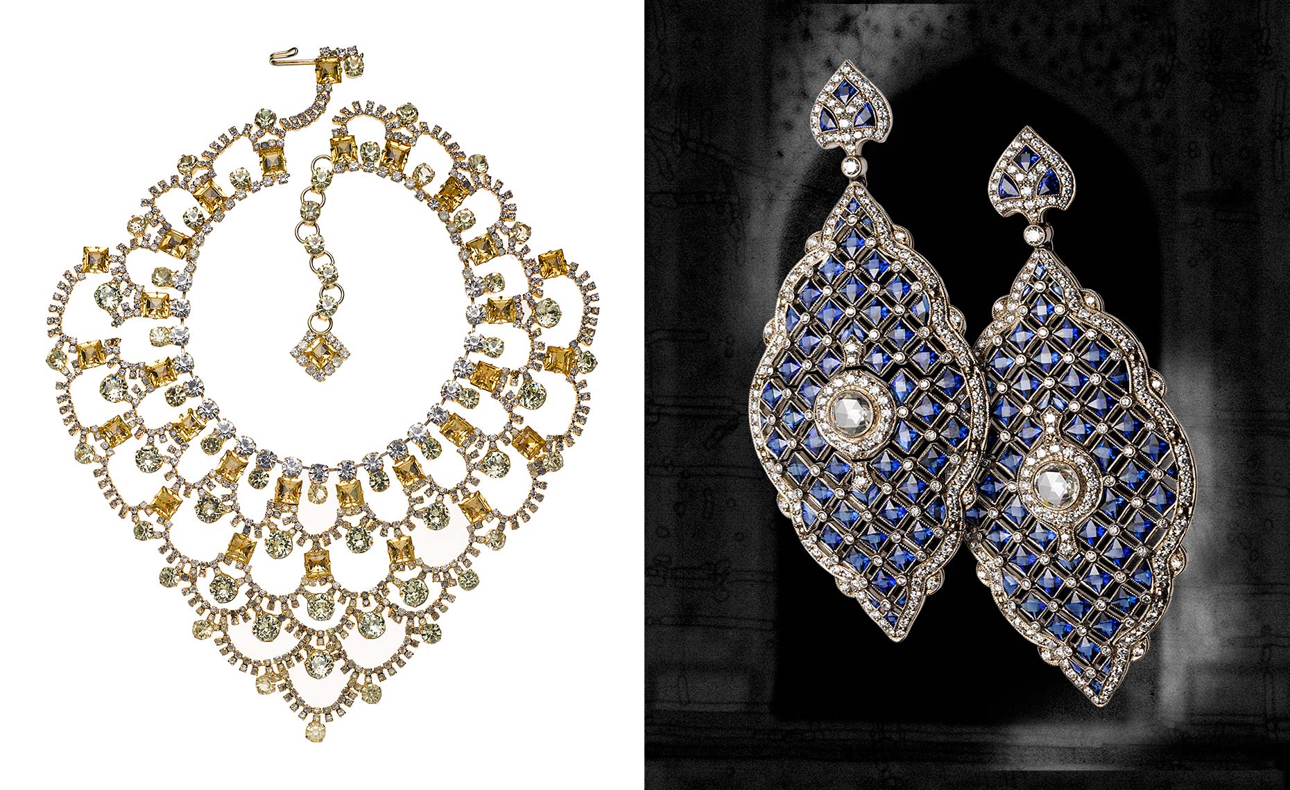 Lawrence Vrba designed necklace for La Cage aux Folles and Kwiat  earrings of sapphire and diamond s
