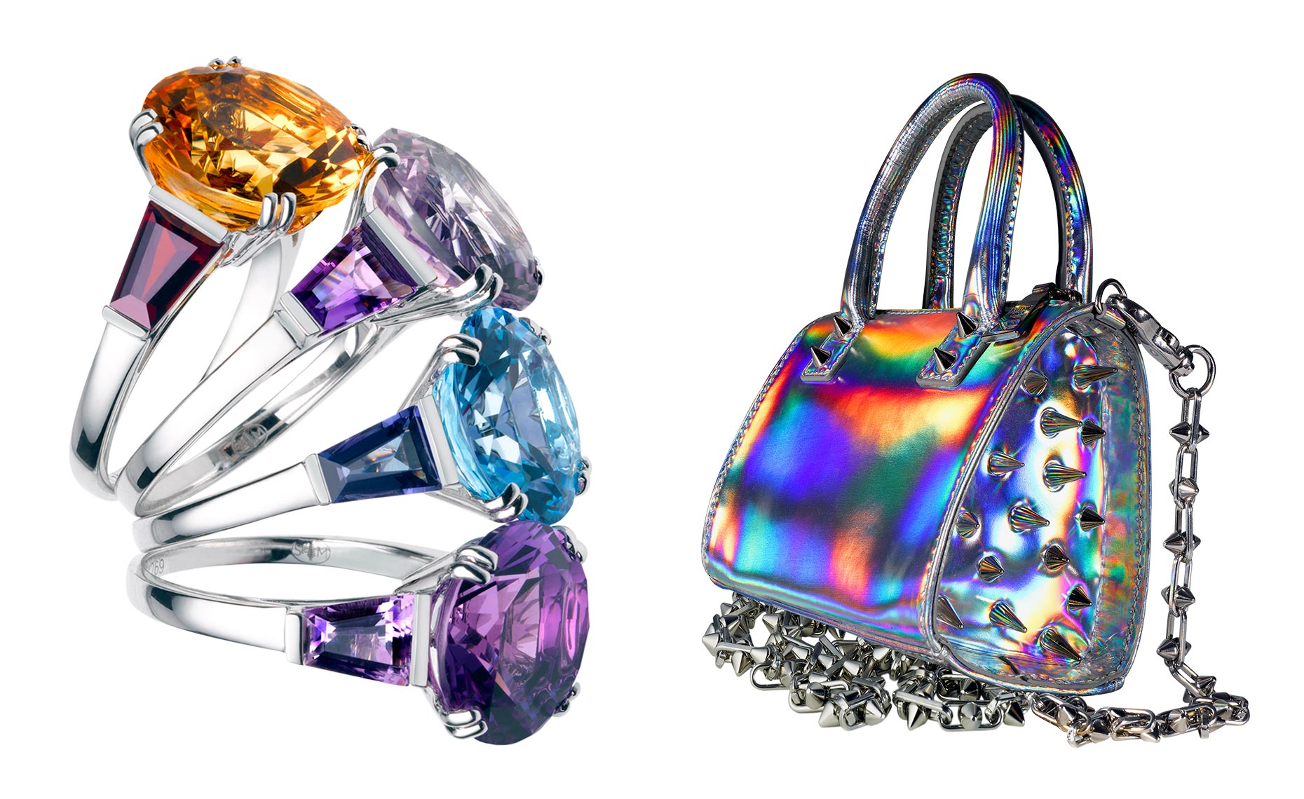 Semi-precious stone rings and Ruthie Davis studded handbag
