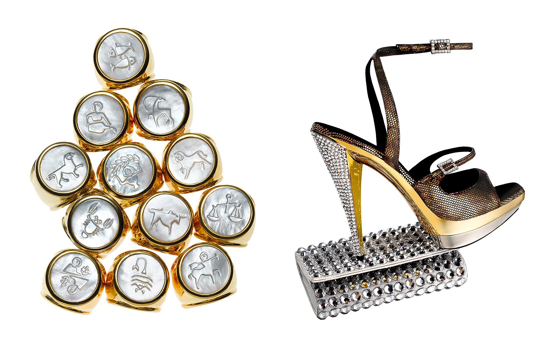 Zodiac Rings by ASHA and Oscar de la Renta shoe with Judith Leiber clutch