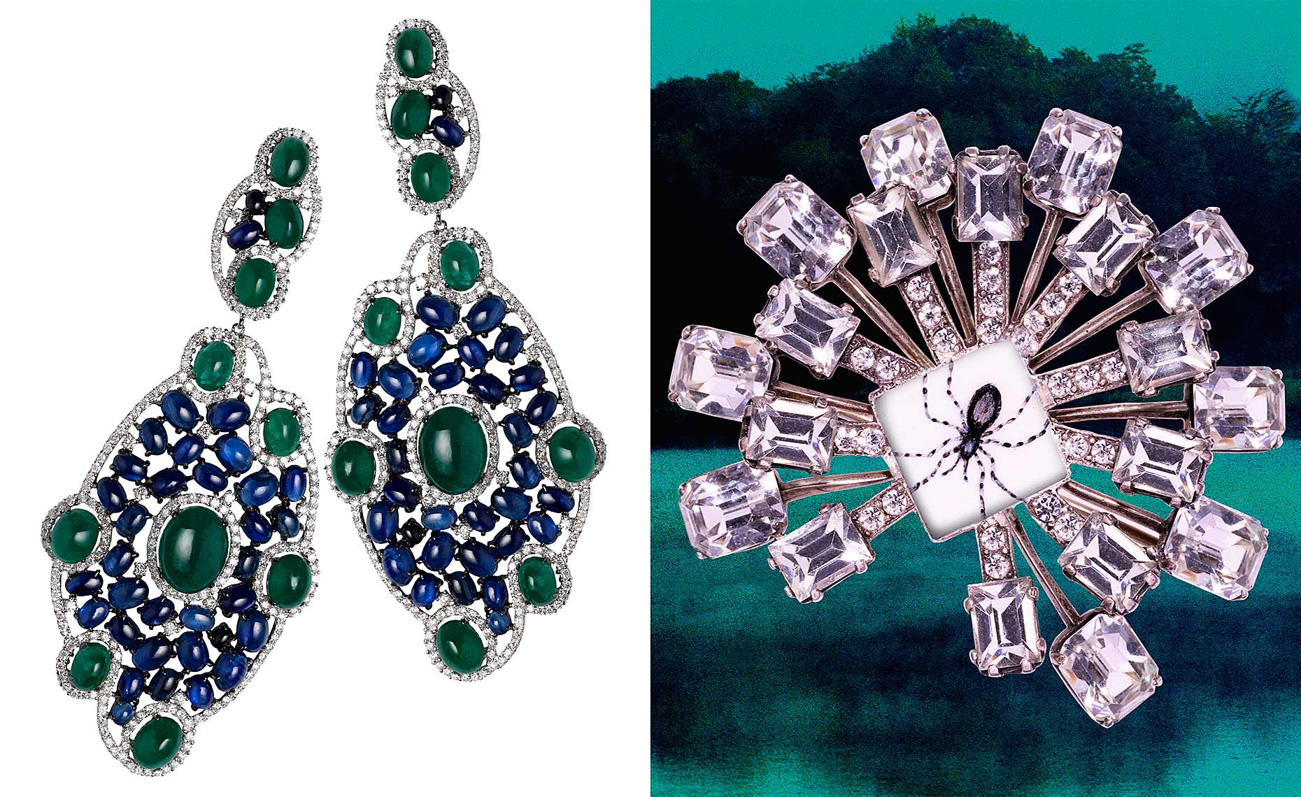 Emerald and sapphire cabochon earrings and Pamela Tuohy spider broach